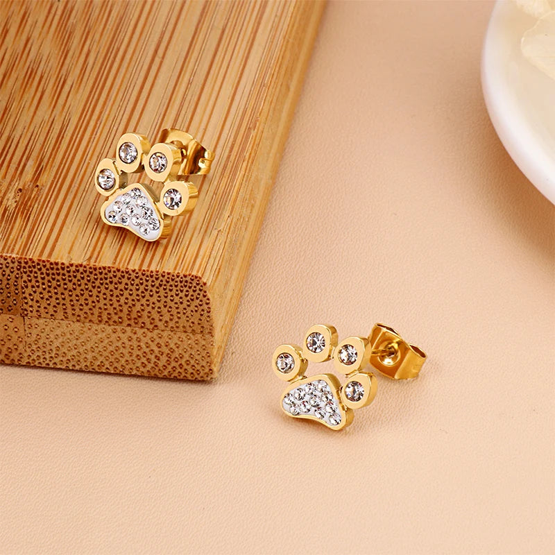 Rhinestone Cat Footprint Stud Earrings Fashion Gold Color Stainless Steel Women's Jewelry