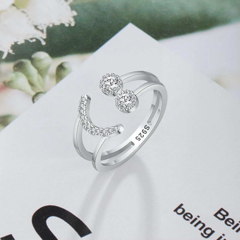 Resizable 925 Sterling Silver Ring Sparkling Smile Face Design.
