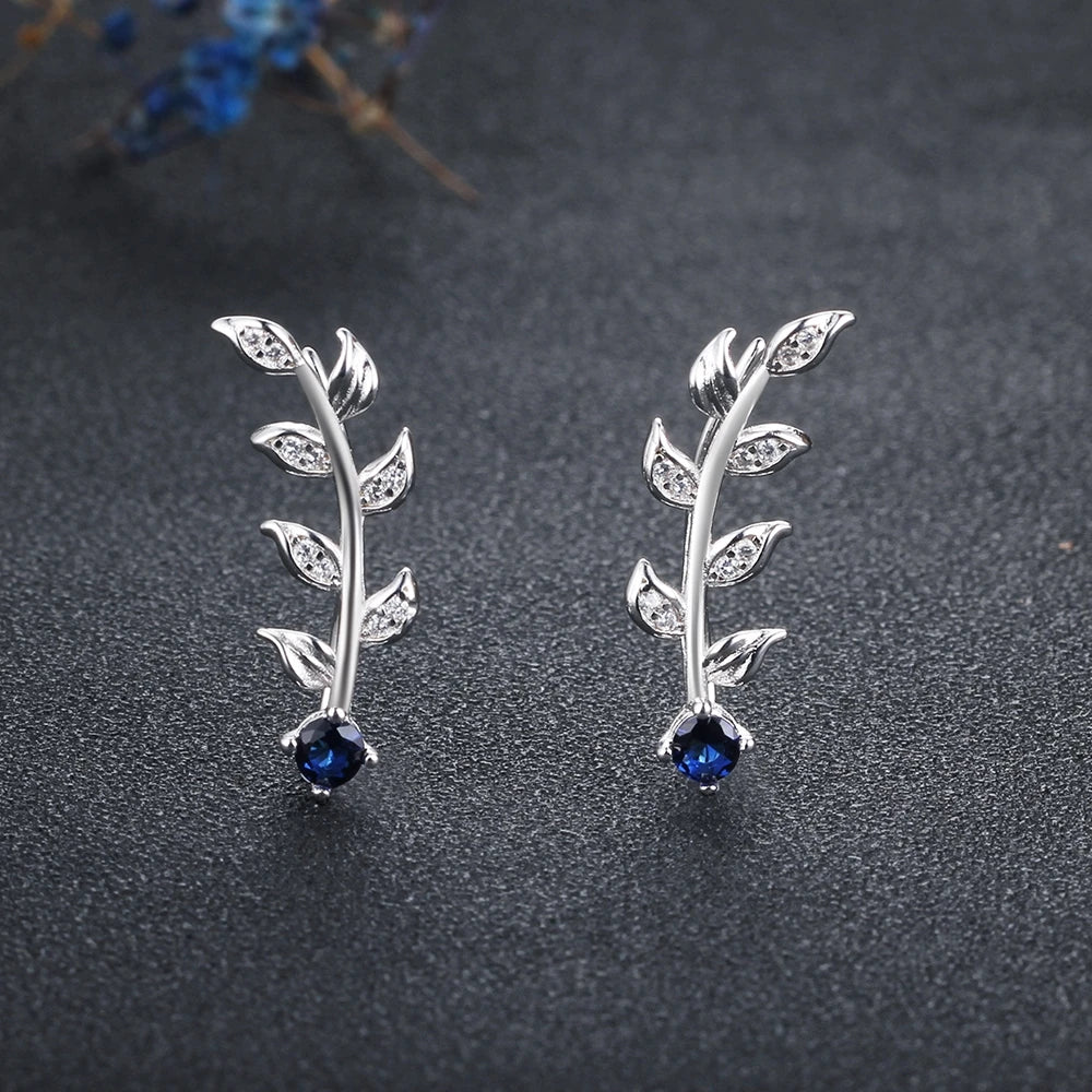 Royal Blue Ear Climber Earrings Zirconia Leaves Branch 925 Sterling Silver Stud Earrings