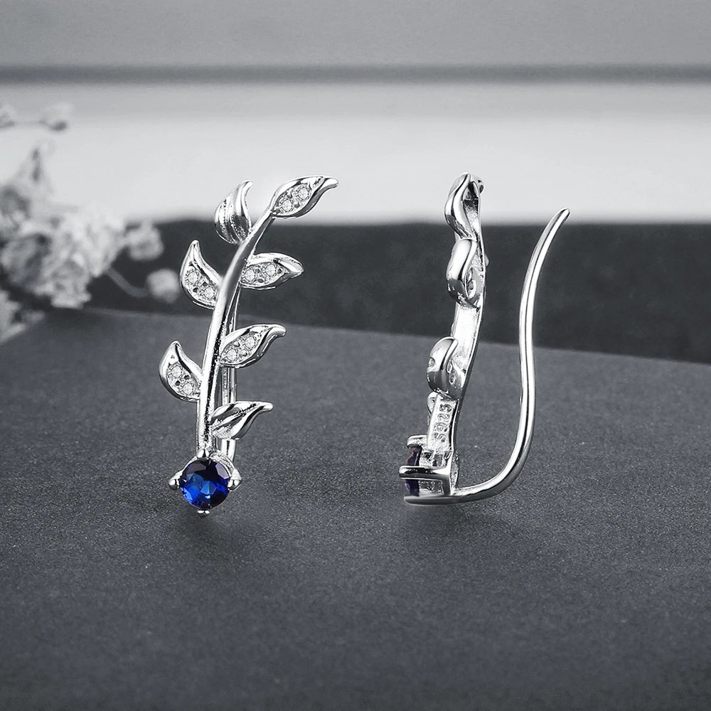 Royal Blue Ear Climber Earrings Zirconia Leaves Branch 925 Sterling Silver Stud Earrings