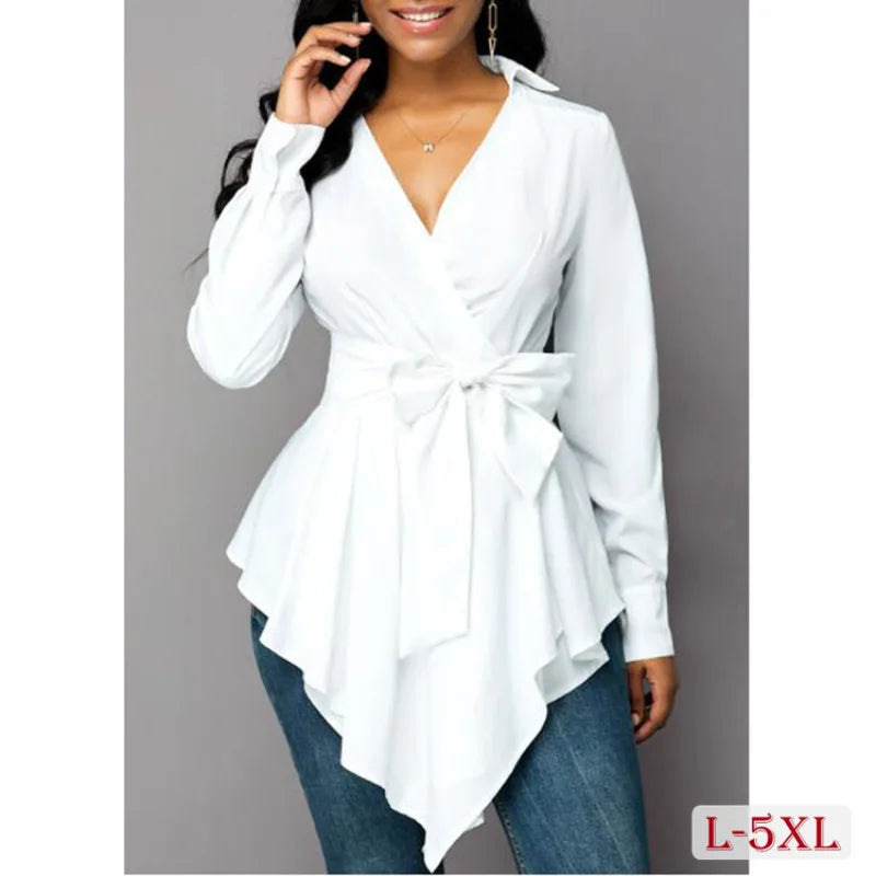 Blouse Casual Office Bow Belt Spring Chiffon Long Sleeve Top