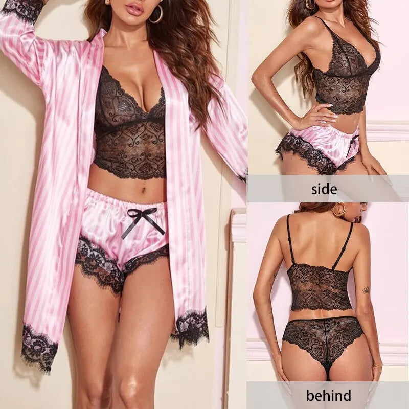 Women's Summer Fashion And Comfortable Nightwear Lace Satin With Silk Sleepwear Robe Sexy Pajama Pants Home Clothes