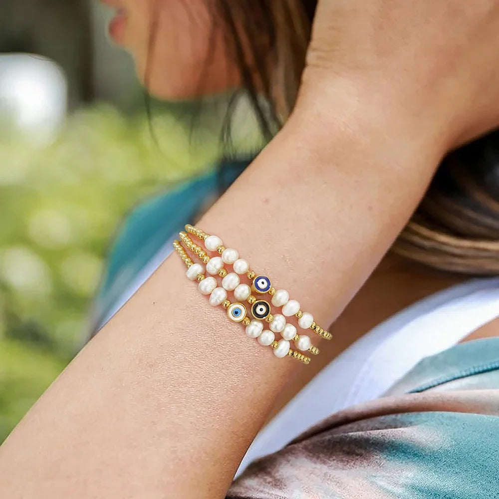 Evil Eye Bracelets Natural Pearl Bracelet for Women 18 K Waterproof Gold Plated Beads Jewelry