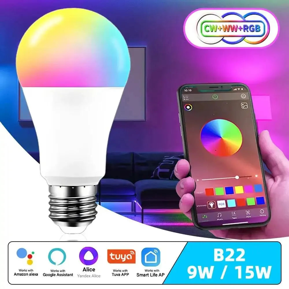 Tuya WiFi E27 B22 Smart Dimmable Bulb RGBCW 100-240V 15W LED Light Smart Life App Control Support Alexa Google Home Alice