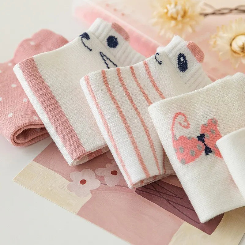 5 Pairs Women's Short Tube Socks Pink Cat Thin Cute Socks