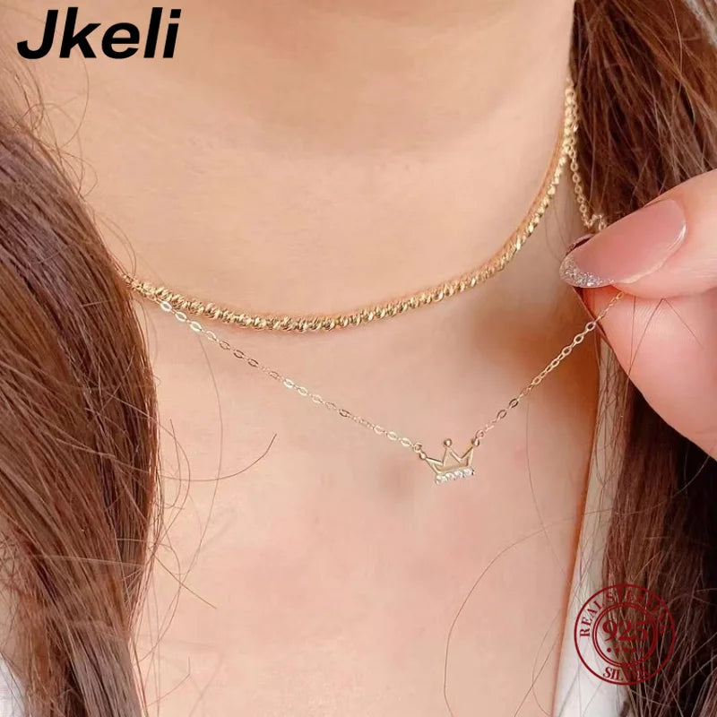 Sterling Silver Plated 14K Gold Necklace Exquisite and Small with Zircon Crown K Gold Lock Bone Chain Pendant