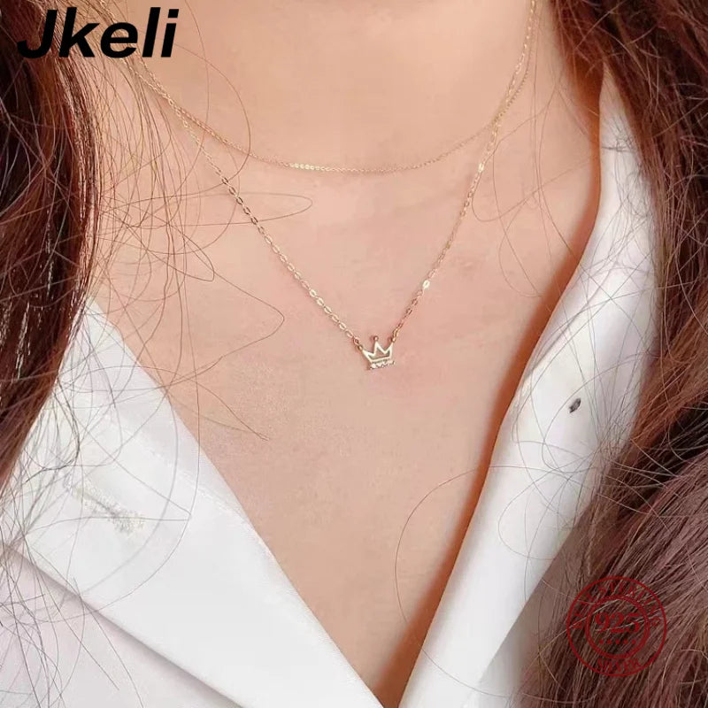 Sterling Silver Plated 14K Gold Necklace Exquisite and Small with Zircon Crown K Gold Lock Bone Chain Pendant