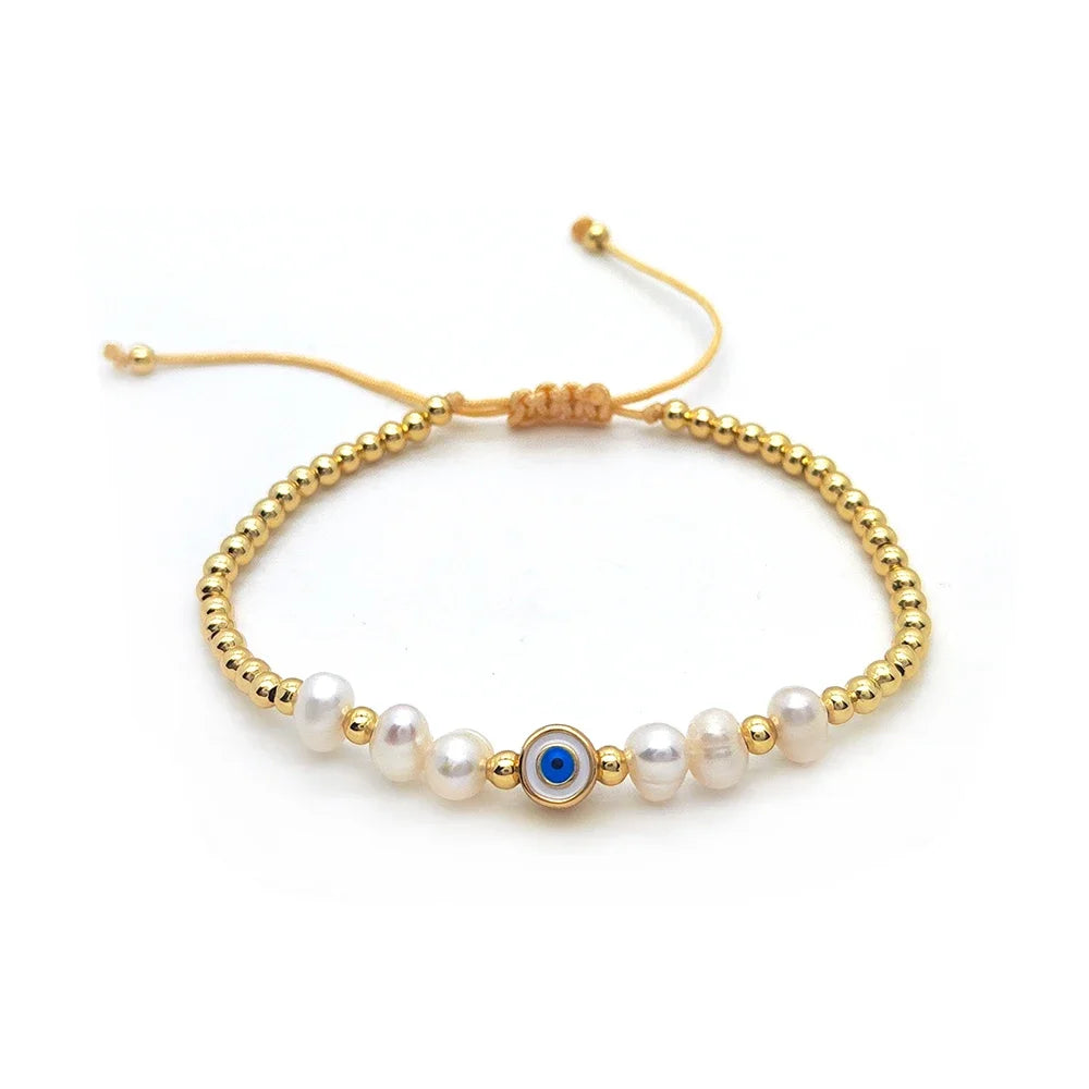 Evil Eye Bracelets Natural Pearl Bracelet for Women 18 K Waterproof Gold Plated Beads Jewelry