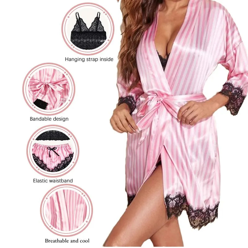 Women's Summer Fashion And Comfortable Nightwear Lace Satin With Silk Sleepwear Robe Sexy Pajama Pants Home Clothes
