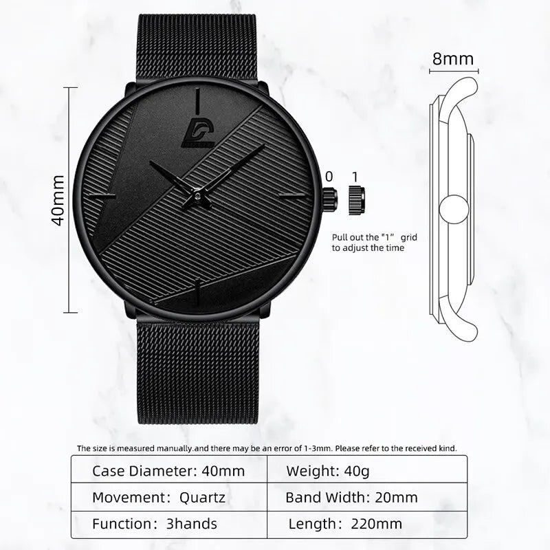 3PCS Mens Watches Simple Business Mesh Belt Quartz Watch Male Casual Necklace Bracelet Wristwatch