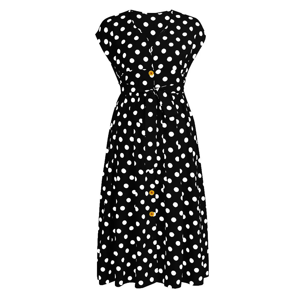 Elegant Polka Dot Print Casual Black Midi Dress Woman V-Neck Button