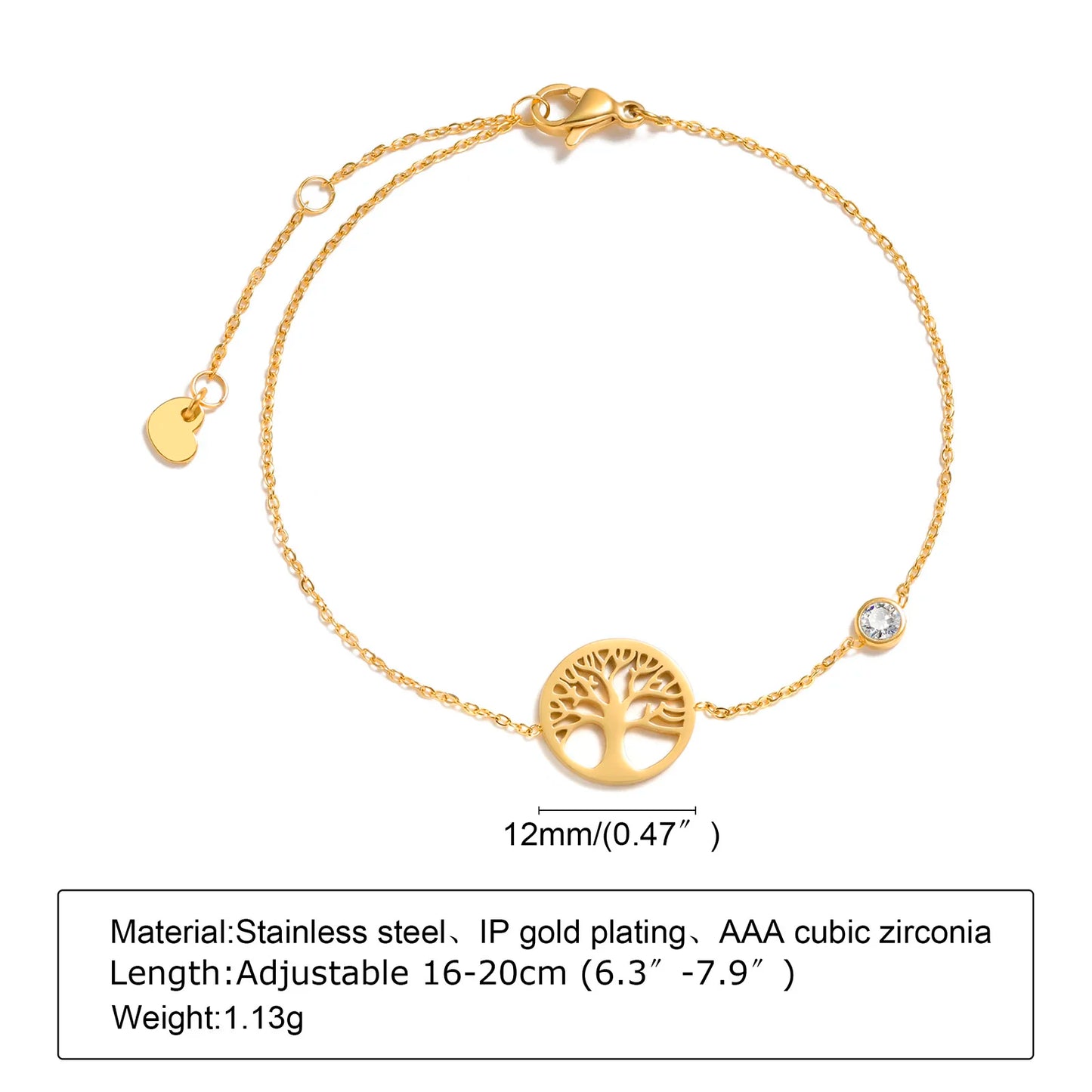 Tree of Life Charm Bracelet Adjustable18 K Gold Chain Bracelet Stainless Steel with CZ Jewelry