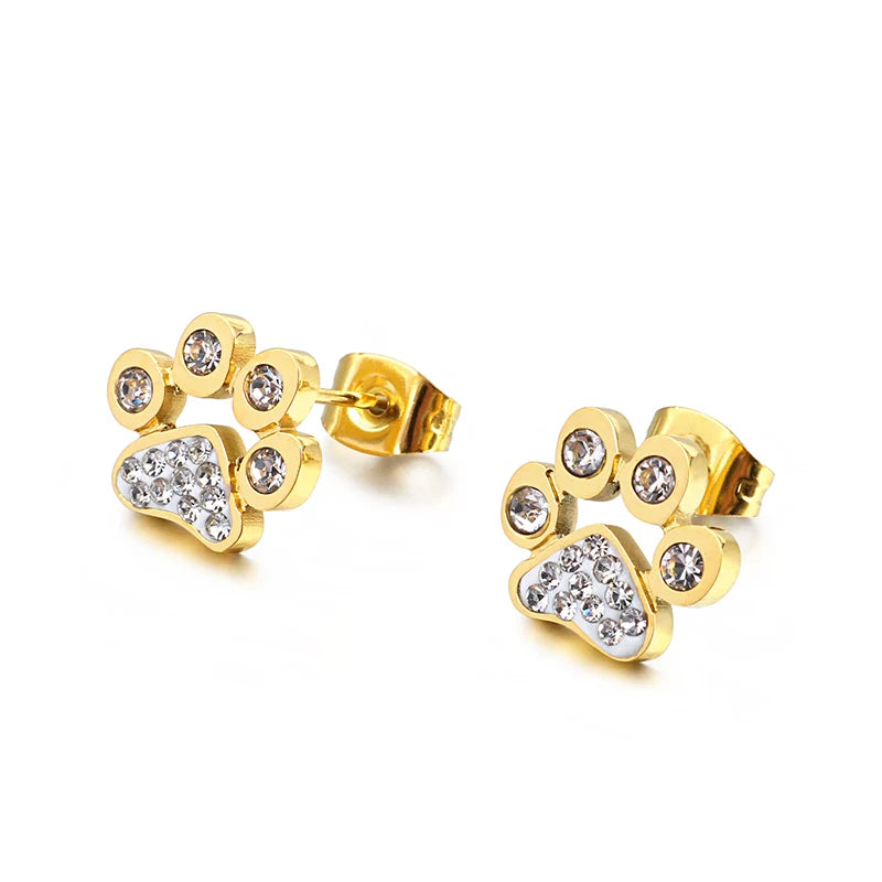Rhinestone Cat Footprint Stud Earrings Fashion Gold Color Stainless Steel Women's Jewelry