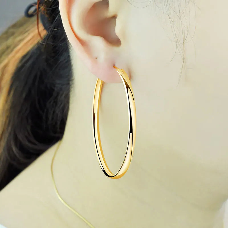 Women's Hoop Earrings 24k Golden Plated 925 Sterling Silver 3.0mm Fashion Earrings