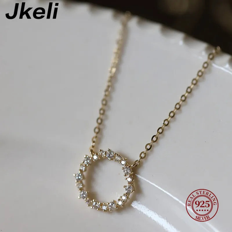 Sterling Silver Plated 14K Gold Necklace with Full Diamond Circle Style