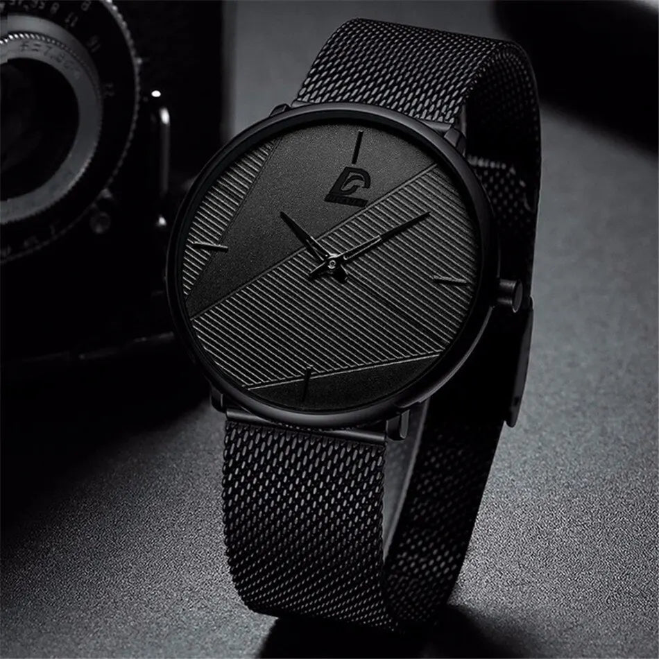 3PCS Mens Watches Simple Business Mesh Belt Quartz Watch Male Casual Necklace Bracelet Wristwatch