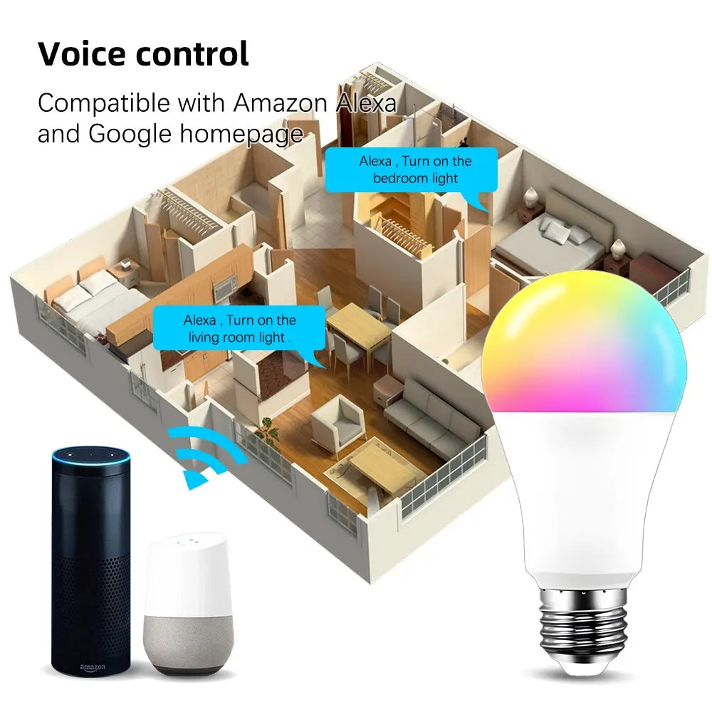 Tuya WiFi E27 B22 Smart Dimmable Bulb RGBCW 100-240V 15W LED Light Smart Life App Control Support Alexa Google Home Alice